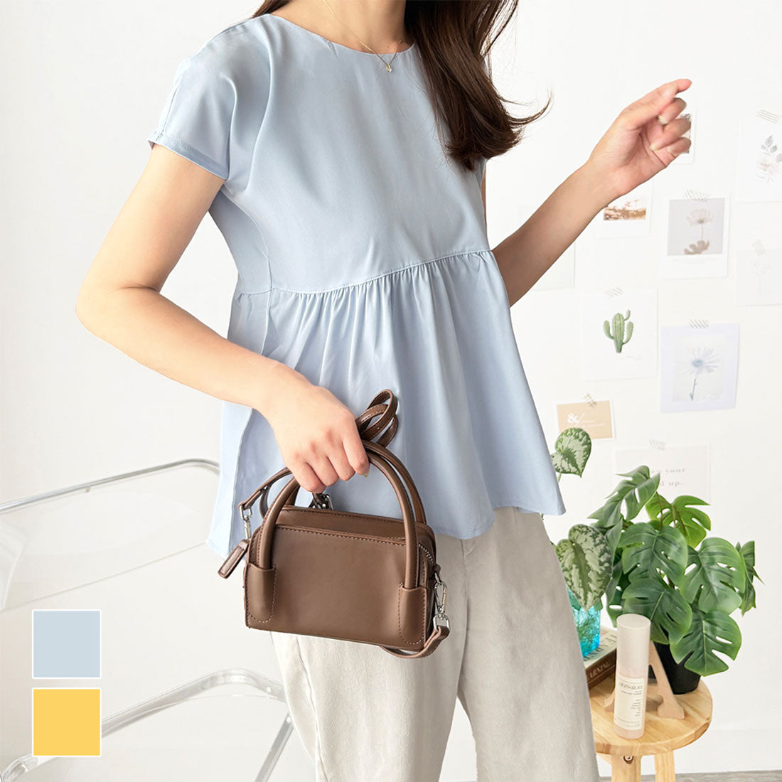 アミュレット Amulet バックリボン半袖ブラウス レディース トップス 無地 ガーリー 韓国風 春服 夏服 大人可愛い シンプル お出かけ カジュアル ゆったり フレア (ブルー) ブルー