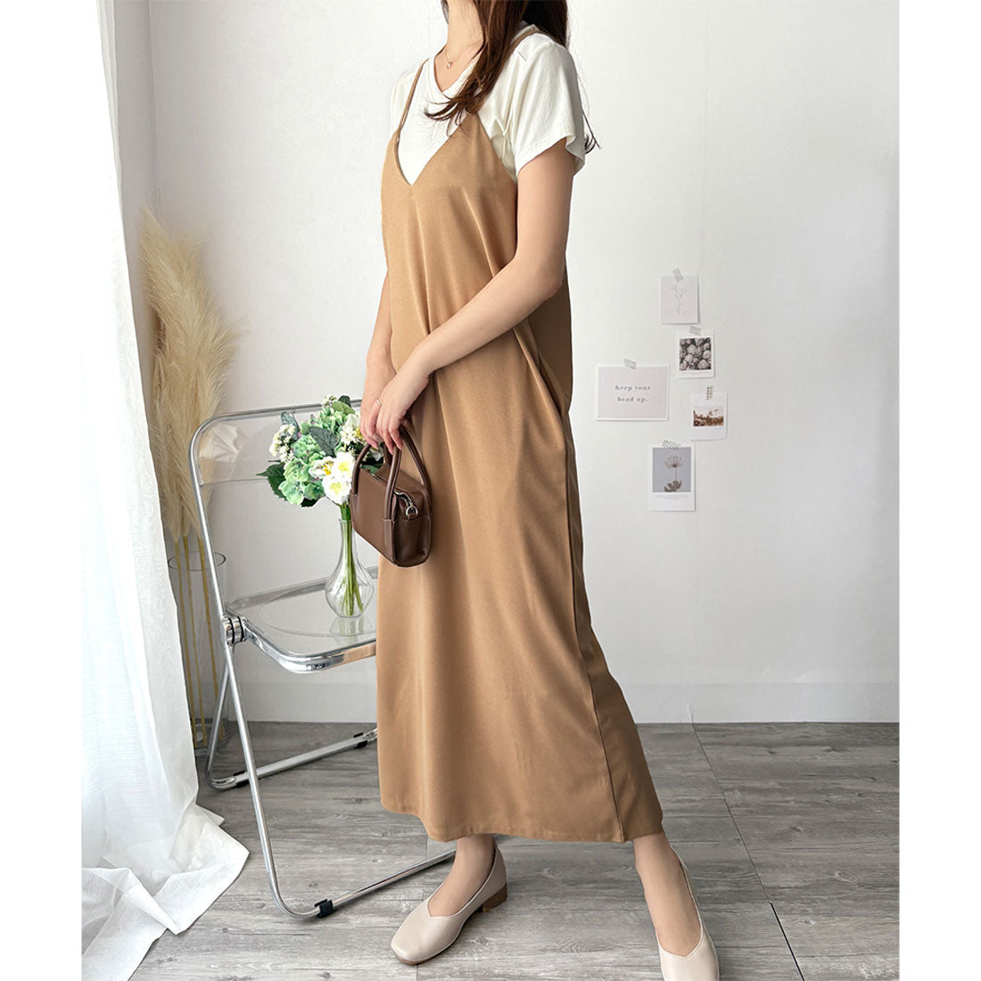 アミュレット Amulet キャミソールロングワンピース レディース ゆったり シンプル 無地 大人可愛い ナチュラル 韓国 きれいめ 春夏秋 マキシ丈 レイヤード カジュアル (ベージュ) ベージュ