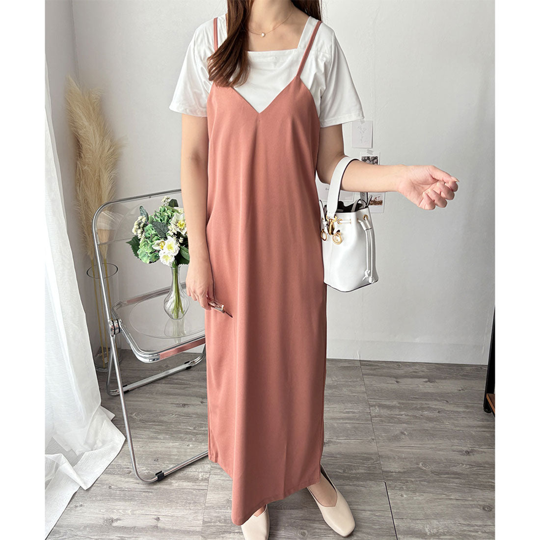 アミュレット Amulet キャミソールロングワンピース レディース ゆったり シンプル 無地 大人可愛い ナチュラル 韓国 きれいめ 春夏秋 マキシ丈 レイヤード カジュアル (ベージュ) ベージュ