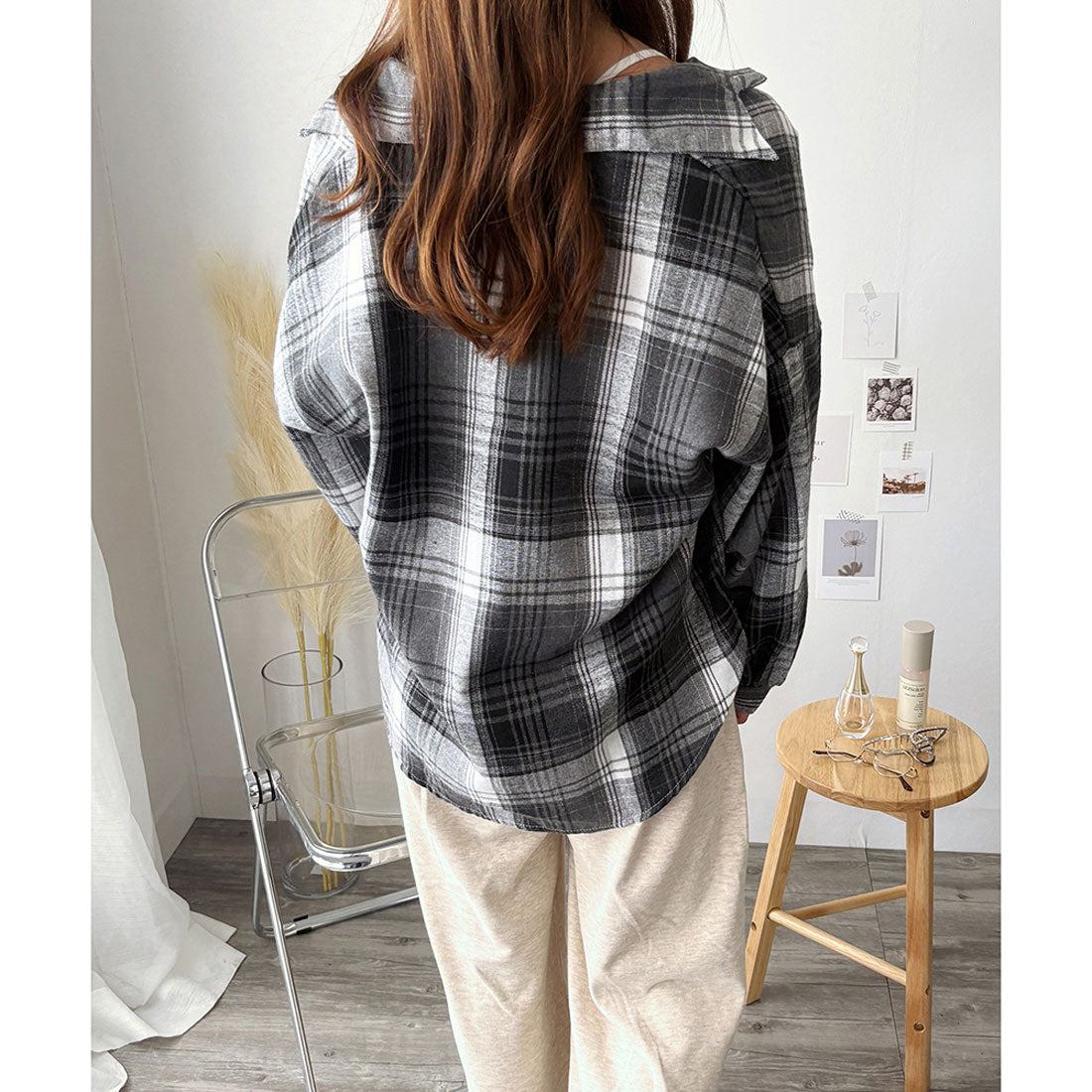 アミュレット Amulet カジュアルチェック柄シャツ レディース 長袖 羽織り 薄手 トップス ゆったり オーバーサイズ 韓国風 春秋 体型カバー 大人可愛い きれいめ (ブラック) ブラック