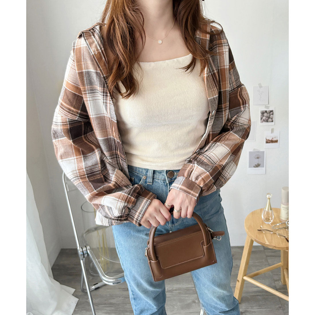 アミュレット Amulet カジュアルチェック柄シャツ レディース 長袖 羽織り 薄手 トップス ゆったり オーバーサイズ 韓国風 春秋 体型カバー 大人可愛い きれいめ (ブラック) ブラック