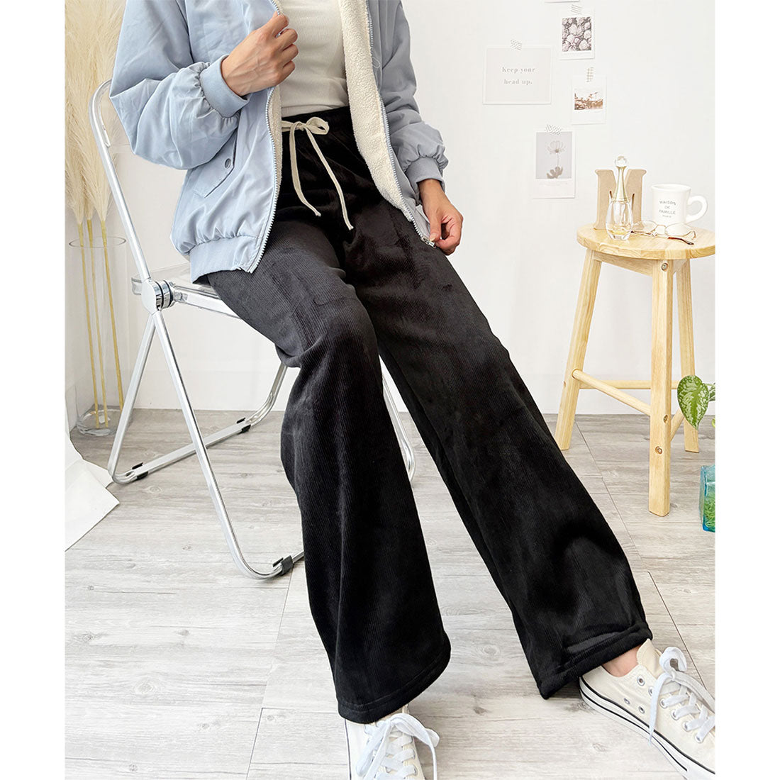 アミュレット Amulet コーデュロイ風裏起毛ロングパンツ レディース ワイドシルエット 暖かい ボトムス ゆったり 体型カバー 大人カジュアル 韓国 春秋冬 体型カバー 無地 (ブラック) ブラック