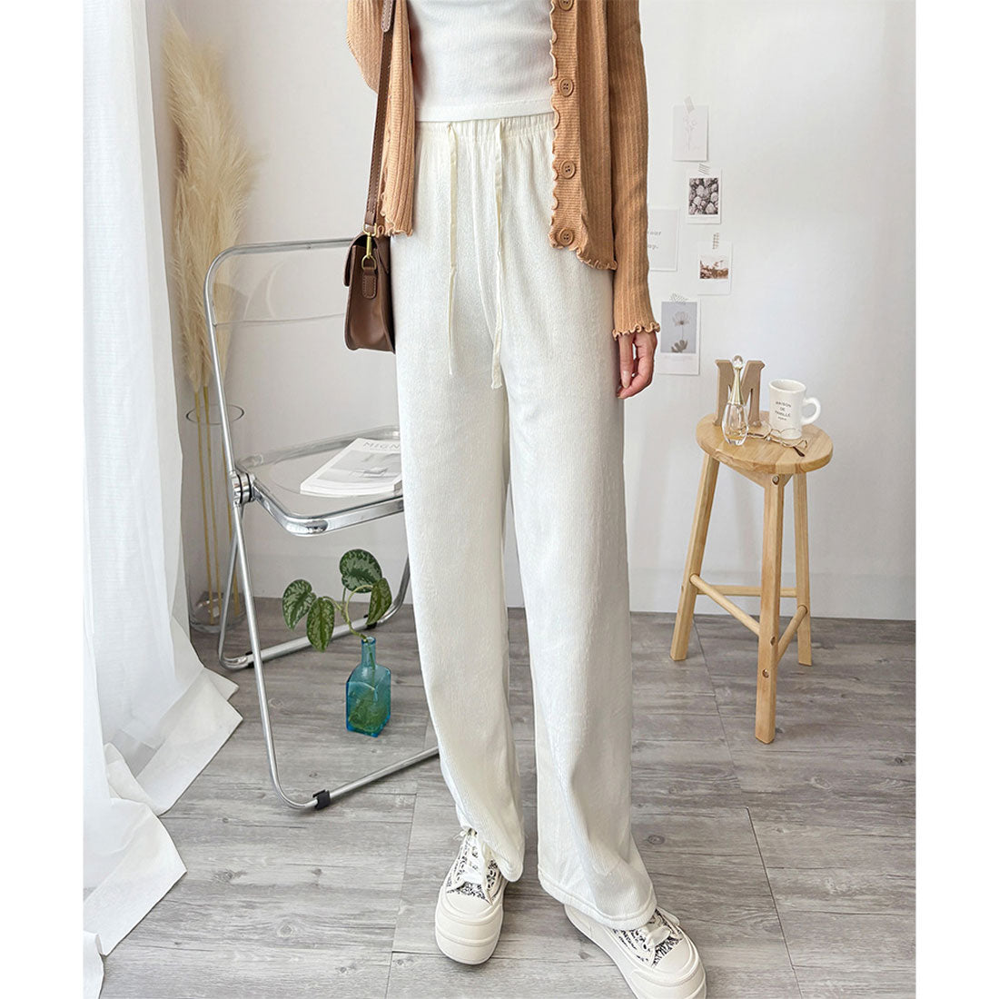 アミュレット Amulet コーデュロイ風裏起毛ロングパンツ レディース ワイドシルエット 暖かい ボトムス ゆったり 体型カバー 大人カジュアル 韓国 春秋冬 体型カバー 無地 (ブラック) ブラック