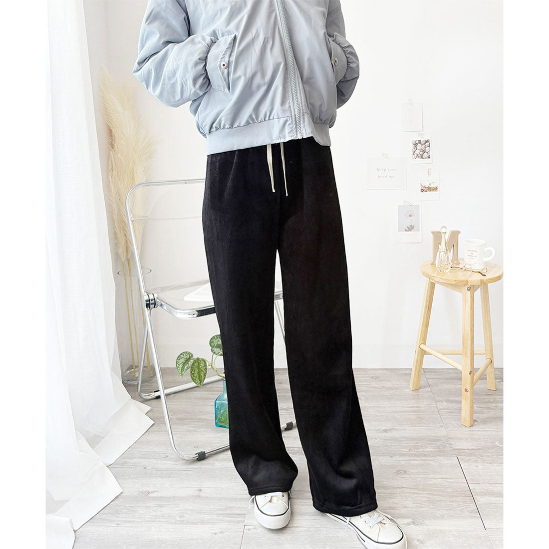 アミュレット Amulet コーデュロイ風裏起毛ロングパンツ レディース ワイドシルエット 暖かい ボトムス ゆったり 体型カバー 大人カジュアル 韓国 春秋冬 体型カバー 無地 (ブラック) ブラック