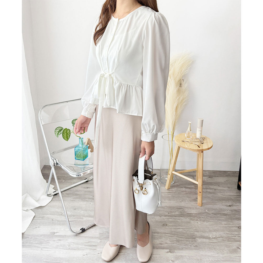 アミュレット Amulet 2WAYリボンブラウス レディース 長袖 シャツ ブラウス 白 ピンク 青 上品 きれいめ 韓国風 体型カバー オフィス 通勤 カジュアル デート (ホワイト) ホワイト