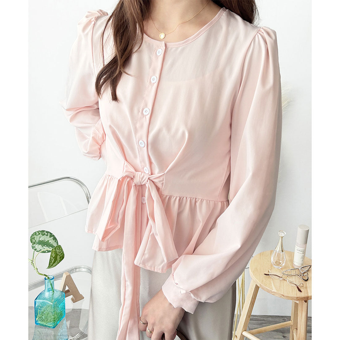 アミュレット Amulet 2WAYリボンブラウス レディース 長袖 シャツ ブラウス 白 ピンク 青 上品 きれいめ 韓国風 体型カバー オフィス 通勤 カジュアル デート (ホワイト) ホワイト