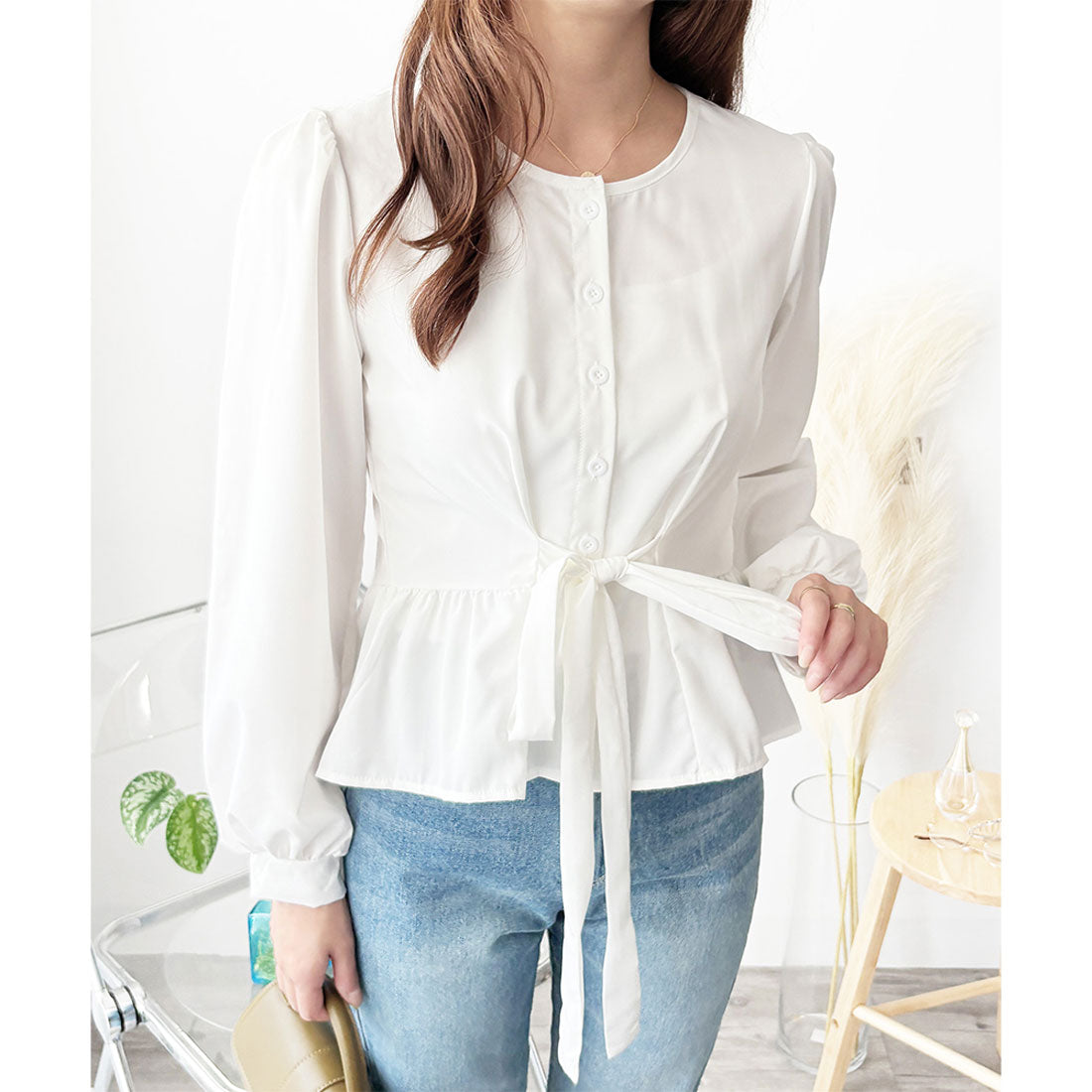 アミュレット Amulet 2WAYリボンブラウス レディース 長袖 シャツ ブラウス 白 ピンク 青 上品 きれいめ 韓国風 体型カバー オフィス 通勤 カジュアル デート (ホワイト) ホワイト