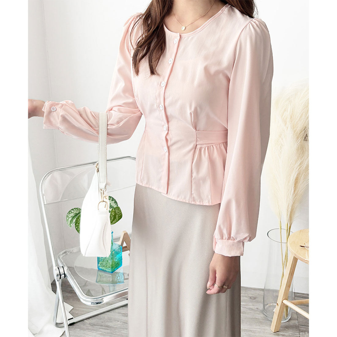 アミュレット Amulet 2WAYリボンブラウス レディース 長袖 シャツ ブラウス 白 ピンク 青 上品 きれいめ 韓国風 体型カバー オフィス 通勤 カジュアル デート (ホワイト) ホワイト