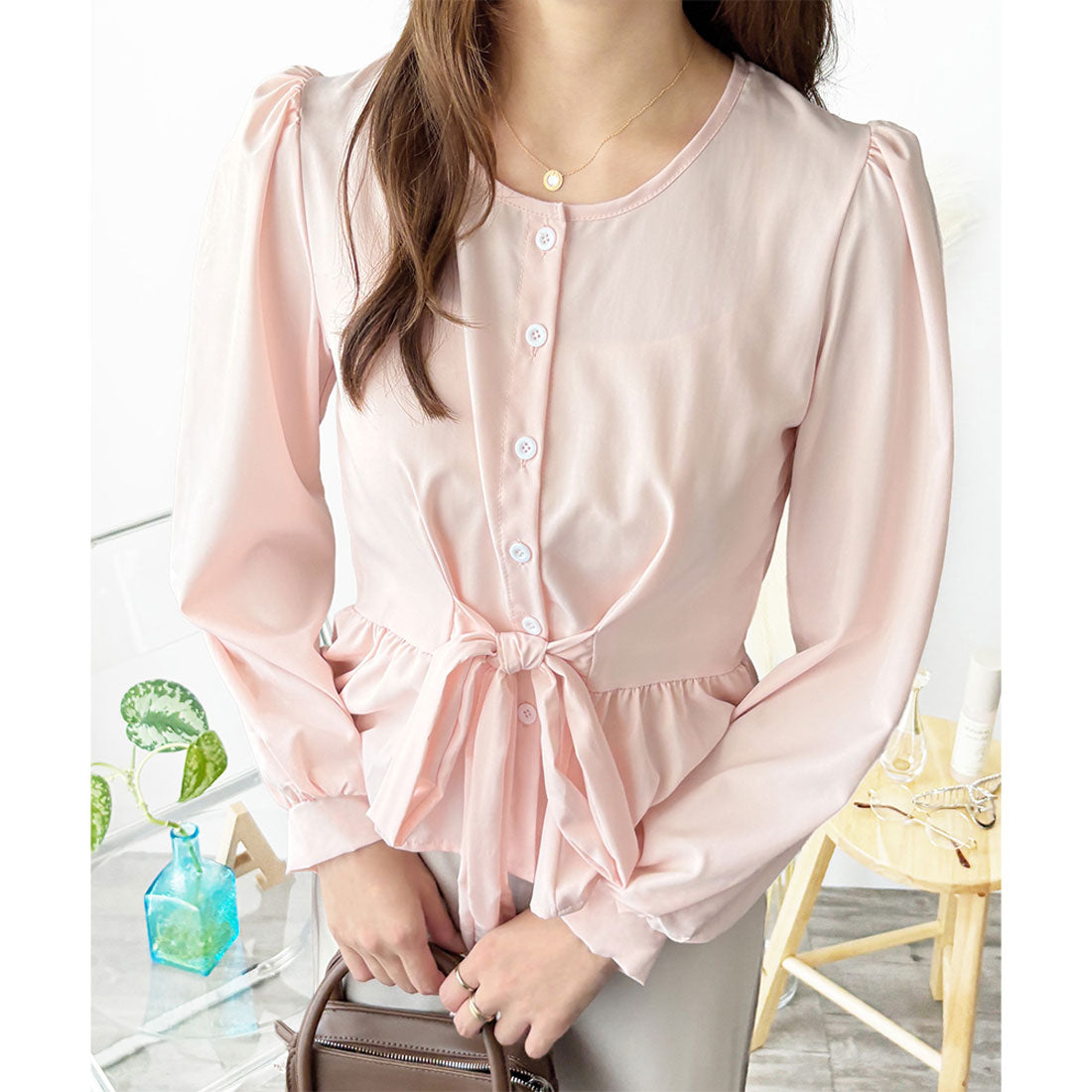 アミュレット Amulet 2WAYリボンブラウス レディース 長袖 シャツ ブラウス 白 ピンク 青 上品 きれいめ 韓国風 体型カバー オフィス 通勤 カジュアル デート (ホワイト) ホワイト