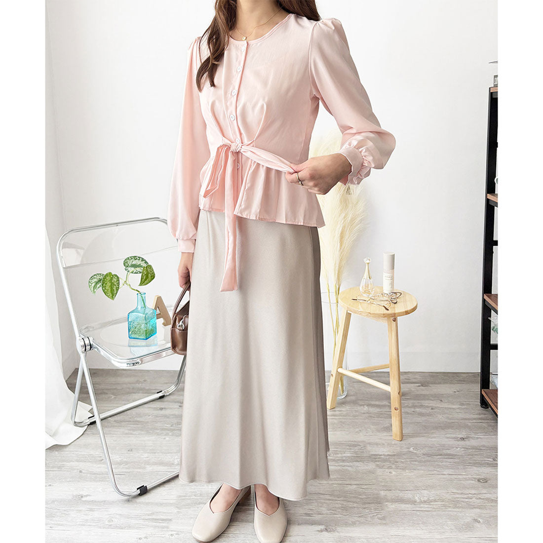 アミュレット Amulet 2WAYリボンブラウス レディース 長袖 シャツ ブラウス 白 ピンク 青 上品 きれいめ 韓国風 体型カバー オフィス 通勤 カジュアル デート (ホワイト) ホワイト