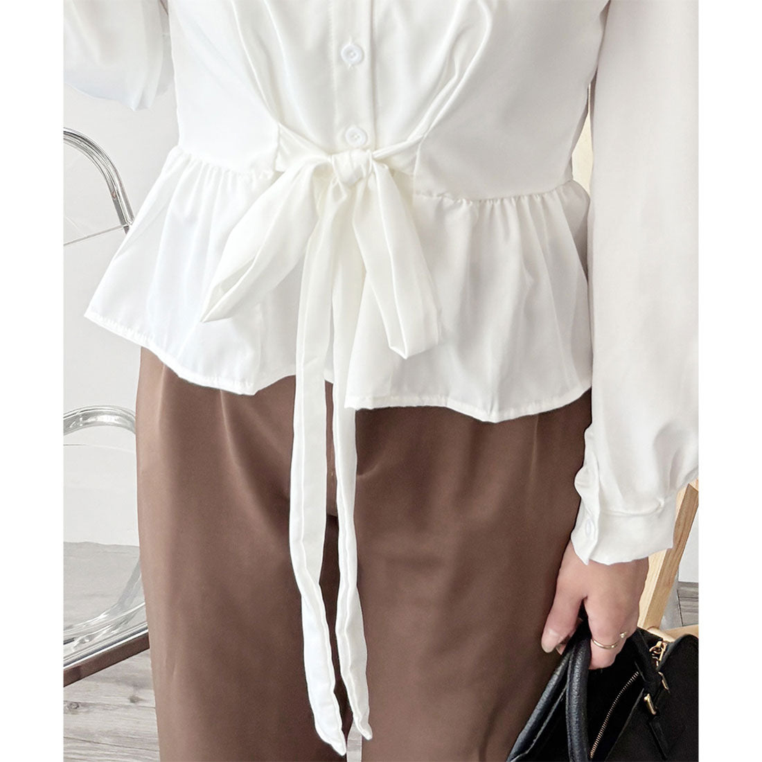 アミュレット Amulet 2WAYリボンブラウス レディース 長袖 シャツ ブラウス 白 ピンク 青 上品 きれいめ 韓国風 体型カバー オフィス 通勤 カジュアル デート (ホワイト) ホワイト