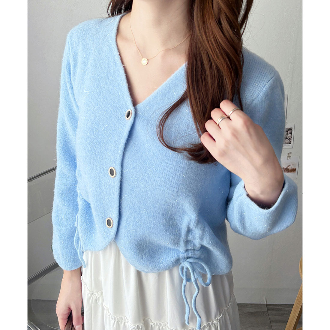 アミュレット Amulet ドロストVネックニットカーディガン レディース 長袖 羽織り ゆったり 大人可愛い ナチュラル 韓国 きれいめ カジュアル 春 秋 冬 白 黒 上品 (パープル) パープル