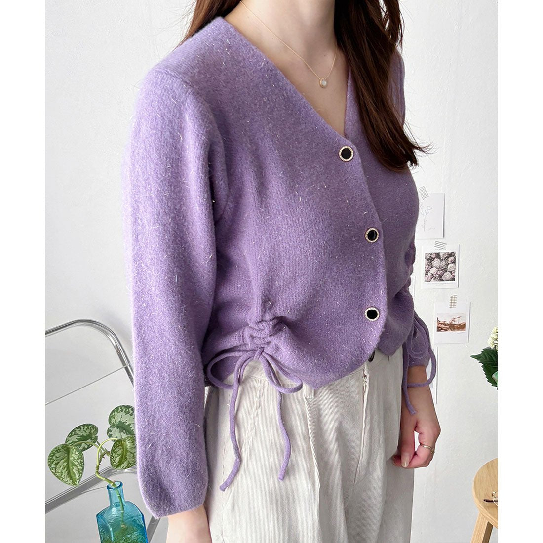 アミュレット Amulet ドロストVネックニットカーディガン レディース 長袖 羽織り ゆったり 大人可愛い ナチュラル 韓国 きれいめ カジュアル 春 秋 冬 白 黒 上品 (パープル) パープル