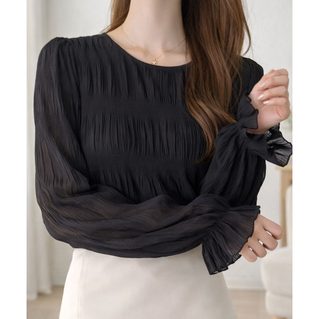 アミュレット Amulet シアーシャーリングフリルブラウス プリーツ シフォン 透け感 長袖 フレア きれいめ 通勤 オフィス フェミニン 春秋 レディース トップス 韓国 (グリーン) グリーン