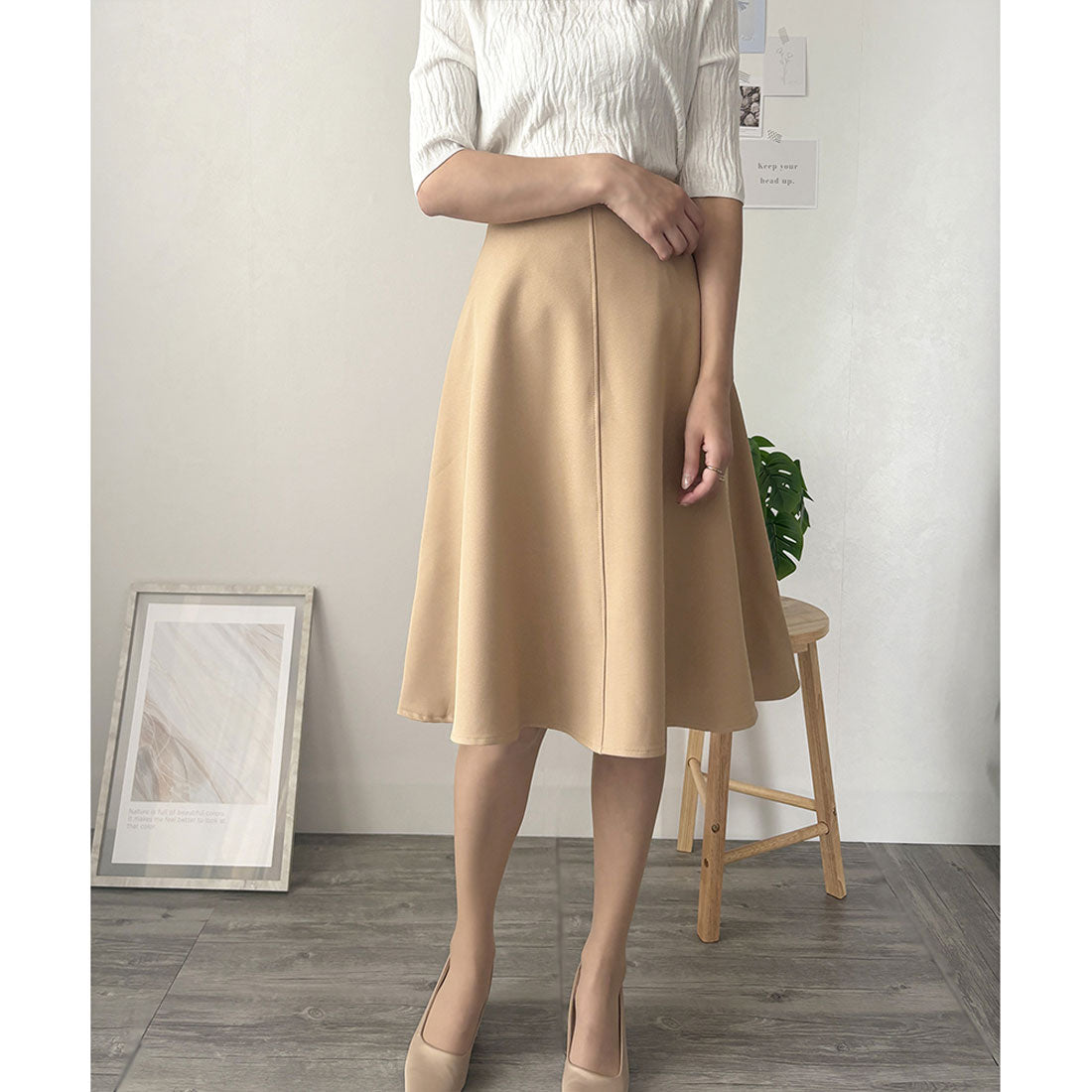 アミュレット Amulet ひざ丈フレアスカート ハイウエスト 無地 脚長 大人 可愛い シンプル レディース (ブラウン) ブラウン