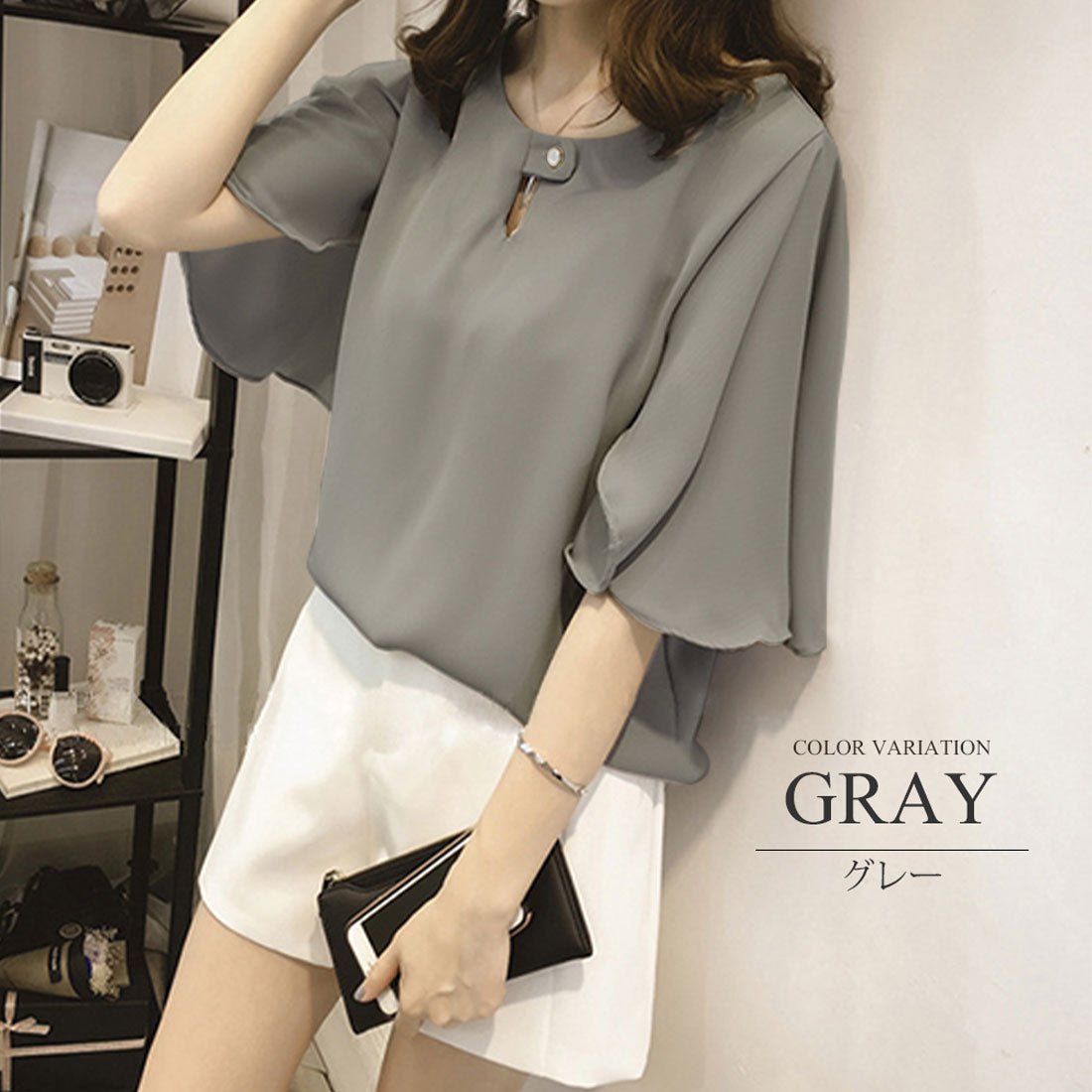 アミュレット Amulet フレアスリーブブラウス 半袖 かわいい シンプル キレイ 通勤 夏 レディース