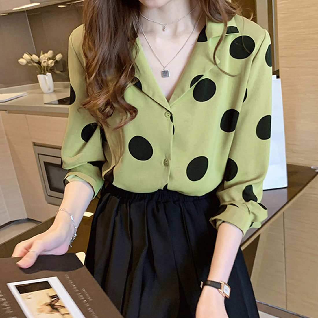 Amulet Polka Dot Blouse for Women, Long Sleeve, Open Collar, Unique, Casual, Relaxed