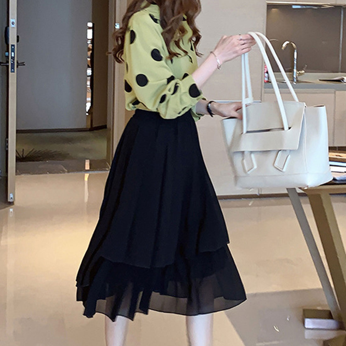 Amulet Polka Dot Blouse for Women, Long Sleeve, Open Collar, Unique, Casual, Relaxed