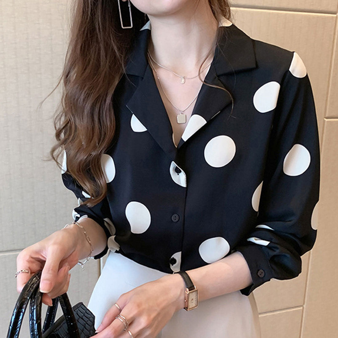 Amulet Polka Dot Blouse for Women, Long Sleeve, Open Collar, Unique, Casual, Relaxed