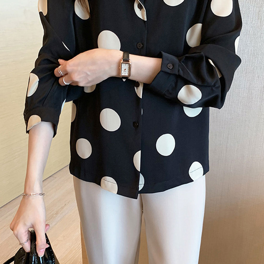 Amulet Polka Dot Blouse for Women, Long Sleeve, Open Collar, Unique, Casual, Relaxed