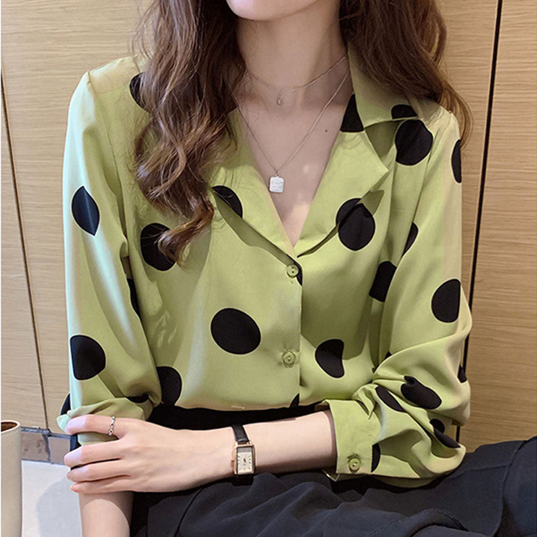 Amulet Polka Dot Blouse for Women, Long Sleeve, Open Collar, Unique, Casual, Relaxed