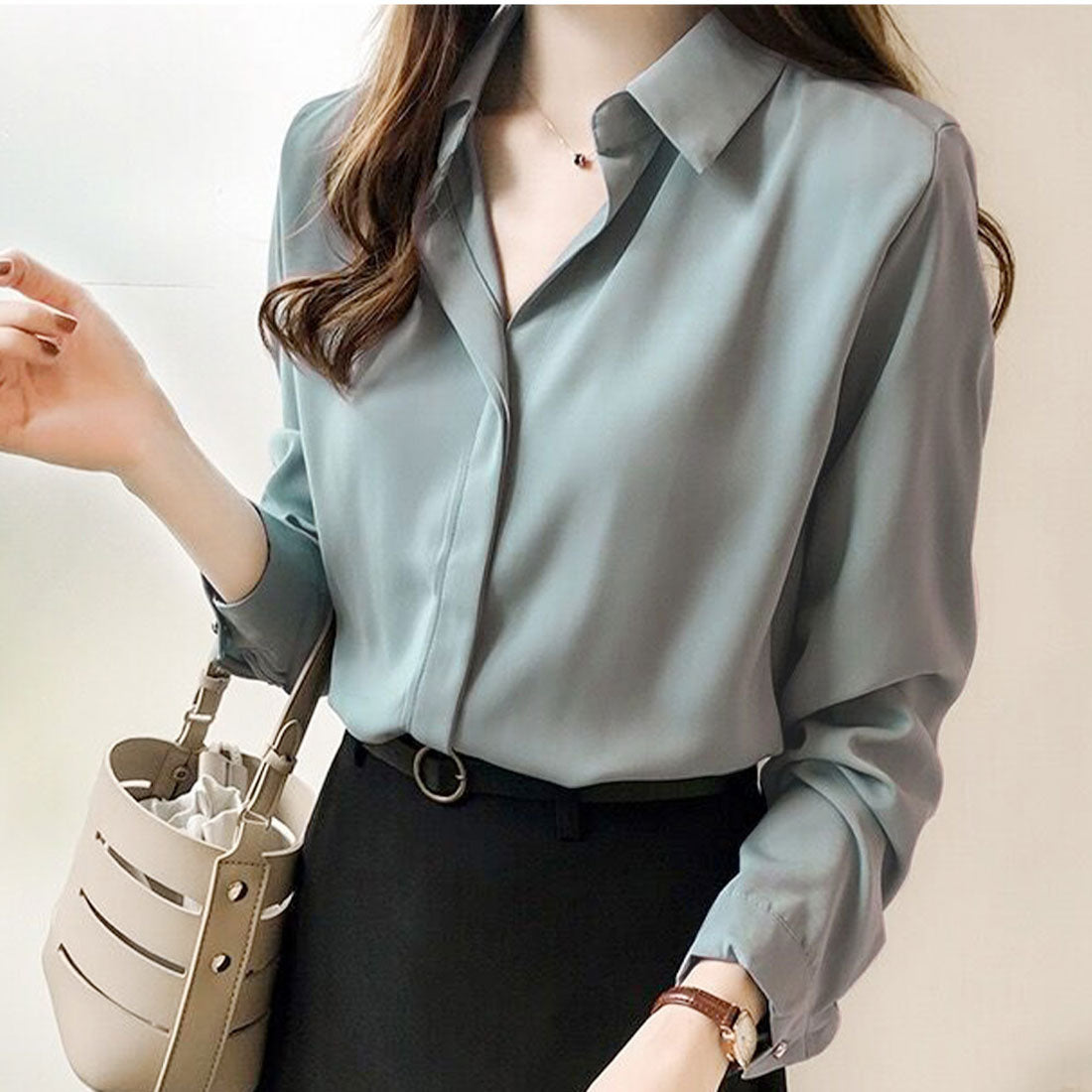 アミュレット Amulet スキッパーブラウス レディース 長袖 無地 プルオン 通勤 シンプル きれい目