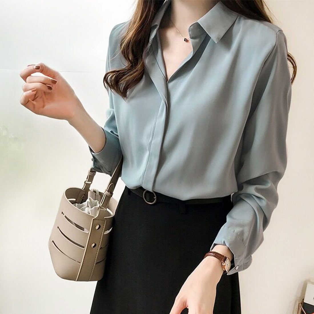 アミュレット Amulet スキッパーブラウス レディース 長袖 無地 プルオン 通勤 シンプル きれい目