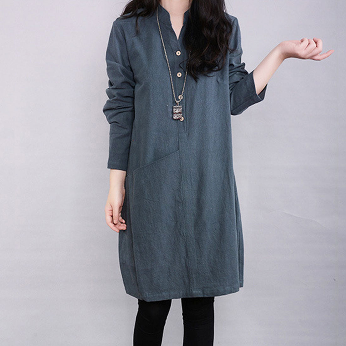 アミュレット Amulet ノーカラーシャツワンピース レディース 長袖 ひざ丈 無地 シンプル ゆったり ナチュラル