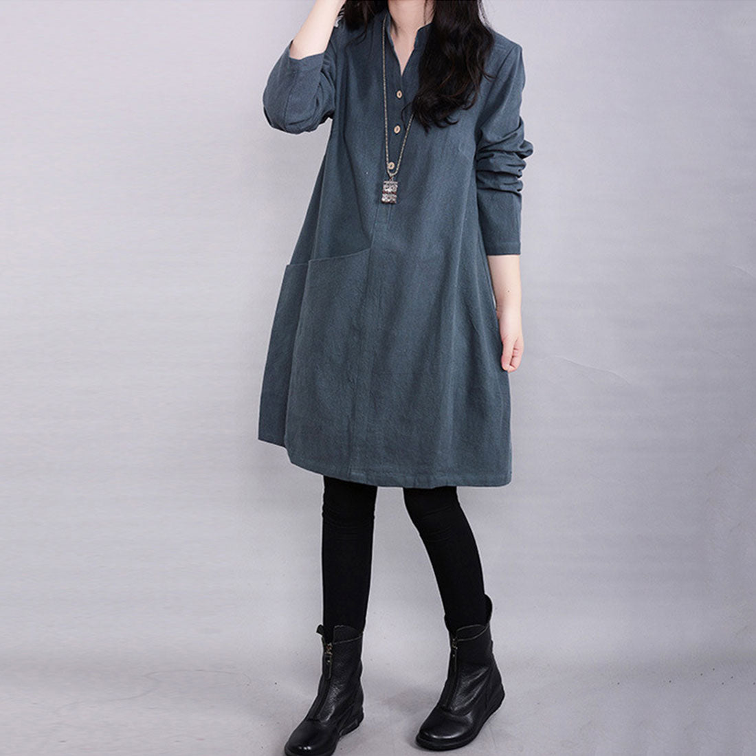 アミュレット Amulet ノーカラーシャツワンピース レディース 長袖 ひざ丈 無地 シンプル ゆったり ナチュラル,グリーン