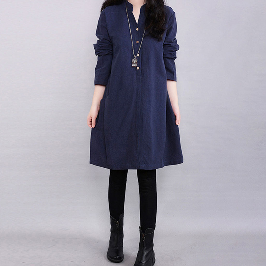 アミュレット Amulet ノーカラーシャツワンピース レディース 長袖 ひざ丈 無地 シンプル ゆったり ナチュラル