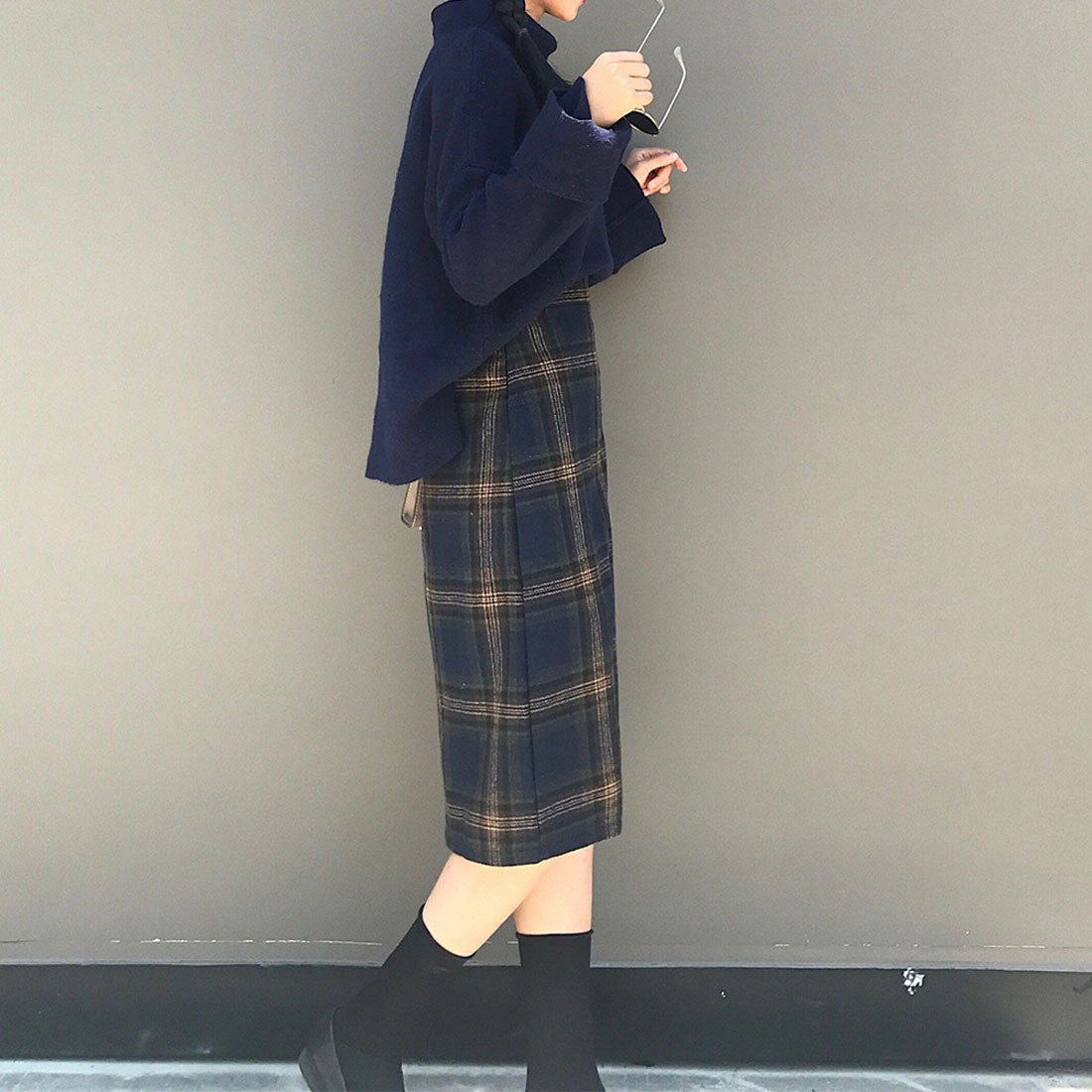 アミュレット Amulet チェック柄Aラインスカート レディース ひざ丈 ファスナー付き スッキリ 着回し