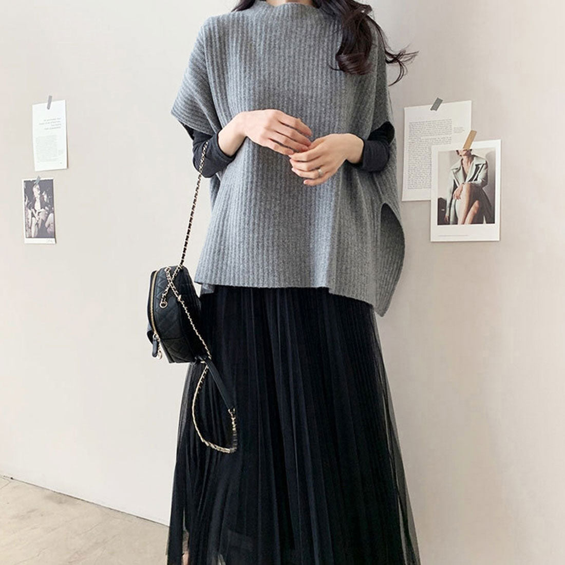 アミュレット Amulet レイヤード風ニットベスト レディース トップス 袖あり 無地 スリット ゆったり シンプル