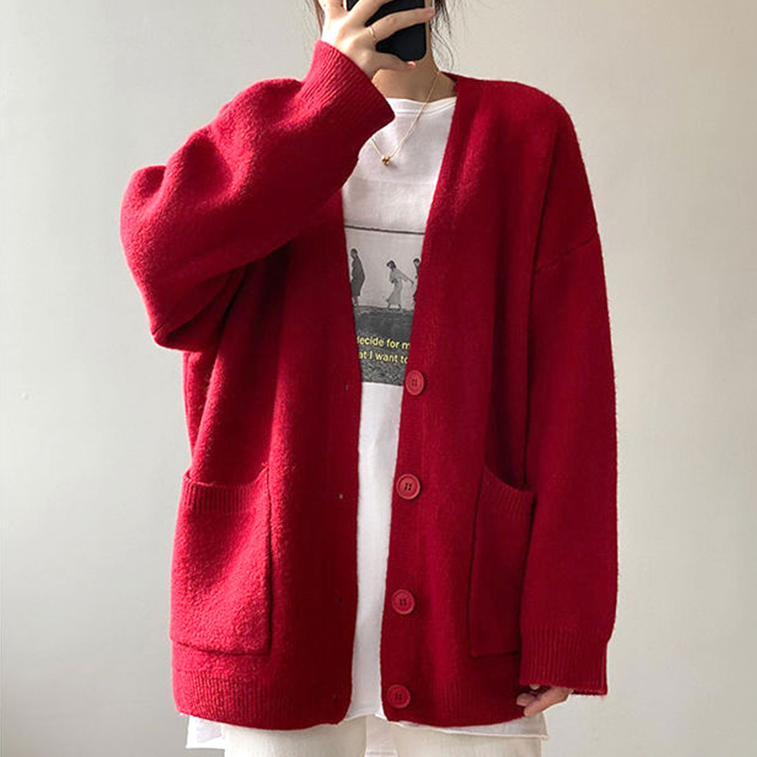 アミュレット Amulet ポケット付きニットカーディガン レディース Vネック 無地 温かい 色違い シンプル (ホワイト) ホワイト