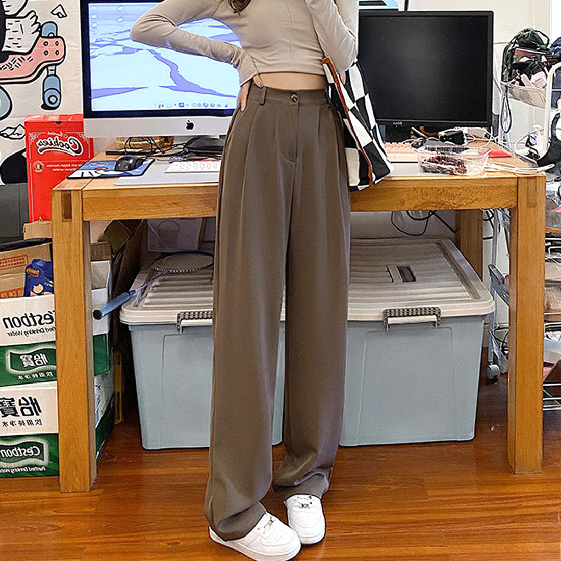 Amulet Slacks Pants for Women, Autumn Clothing, Plain, Full Length, for Teens, 20s, 30s, Korean Fashion, Korea, Large Sizes, Tucked, Straight