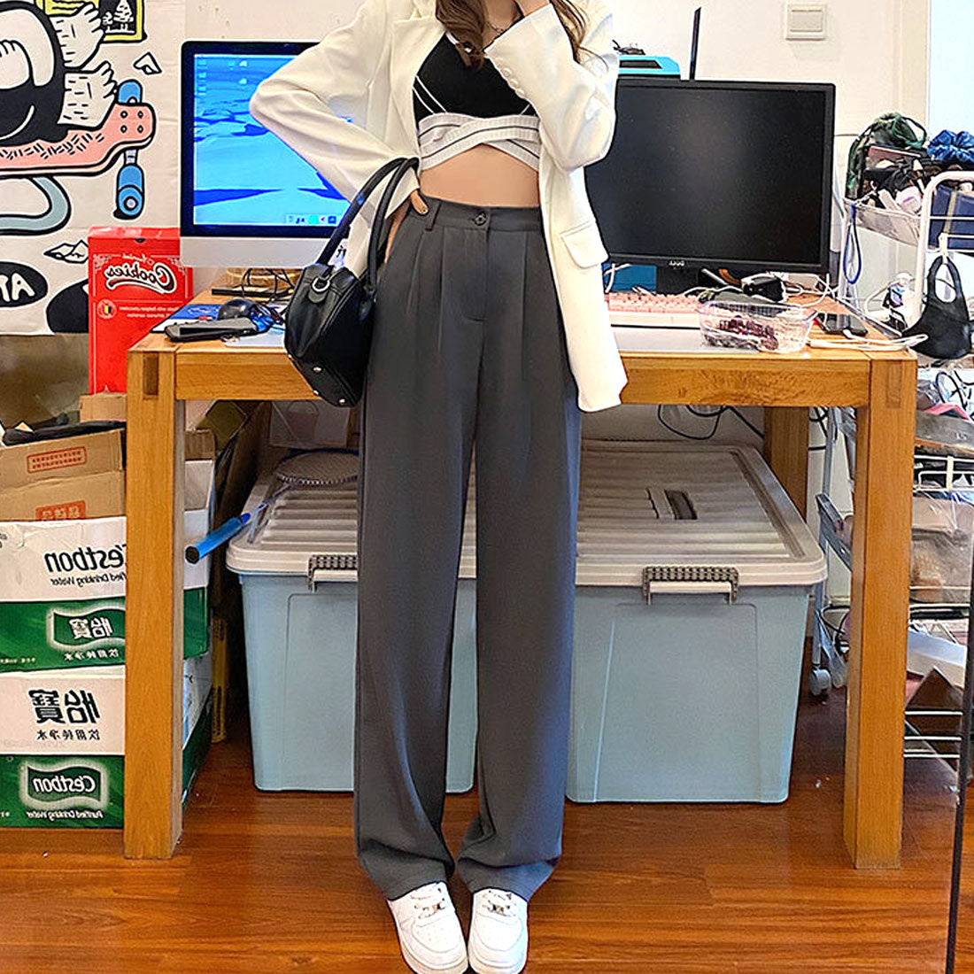 Amulet Slacks Pants for Women, Autumn Clothing, Plain, Full Length, for Teens, 20s, 30s, Korean Fashion, Korea, Large Sizes, Tucked, Straight