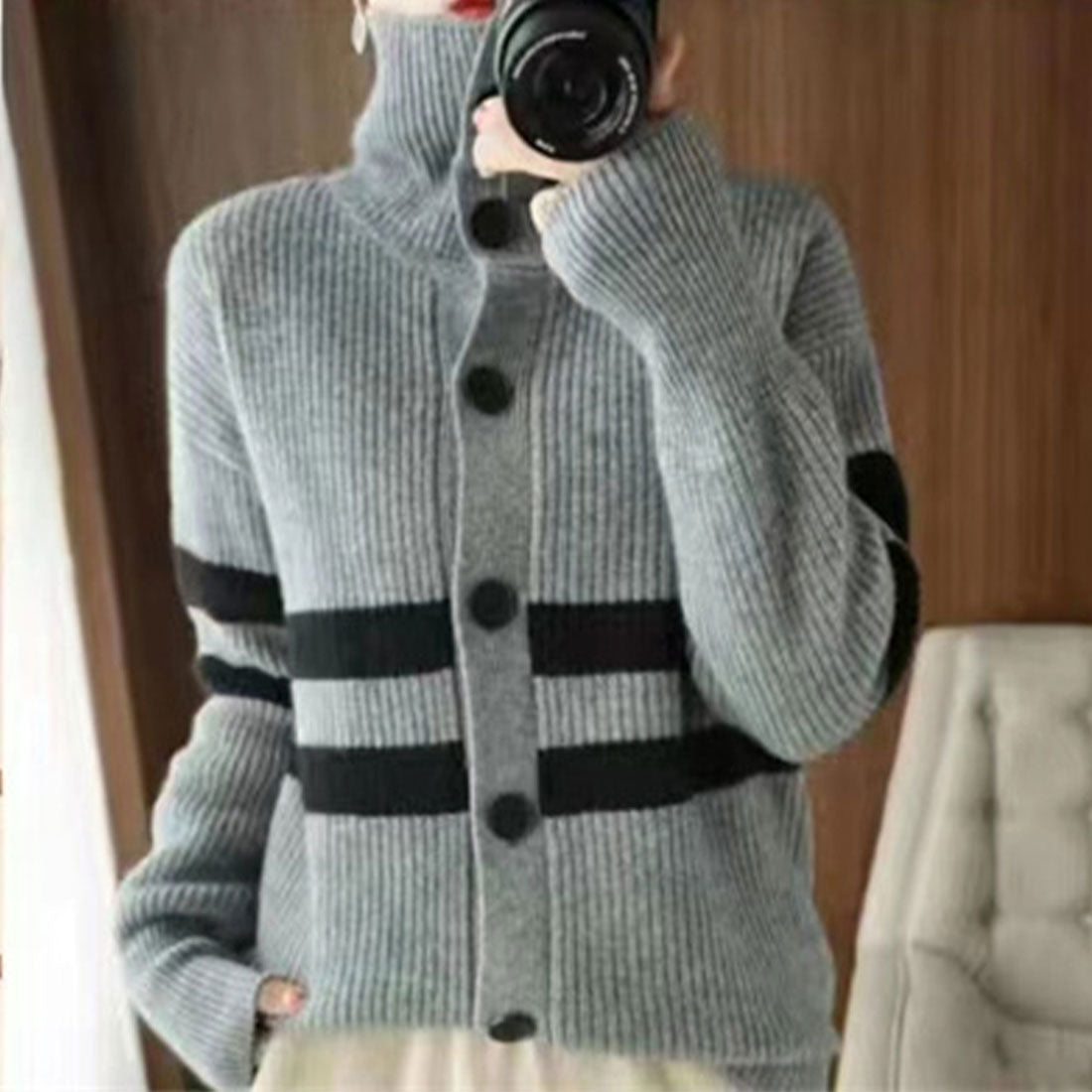 アミュレット Amulet 2WAYネックニットカーディガン レディース トップス 長袖 秋服 冬服 ハイネック 10代 20代 30代 韓国ファッション 韓国 リブ 羽織り (ブラック) ブラック