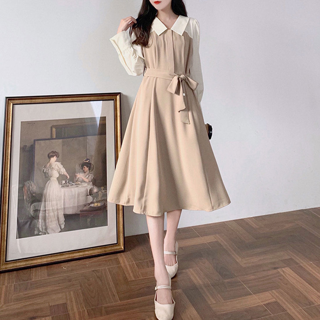 アミュレット Amulet ウエストマークドッキングワンピース レディース 長袖 秋服 冬服 10代 20代 30代 韓国ファッション 韓国 大きいサイズ フェミニン バイカラー