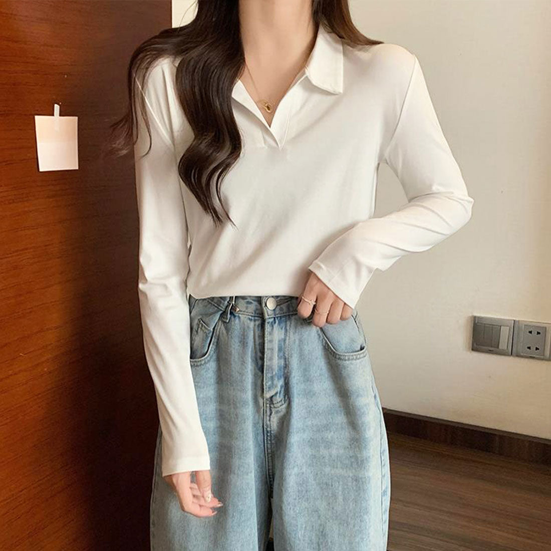 Amulet Collared Cut and Sew Tops for Women, Long Sleeves, Solid Color, Autumn Clothes, Winter Clothes, Teens, 20s, 30s, Korean Fashion, Korean, Office Casual, Skipper Collar, Mix and Match