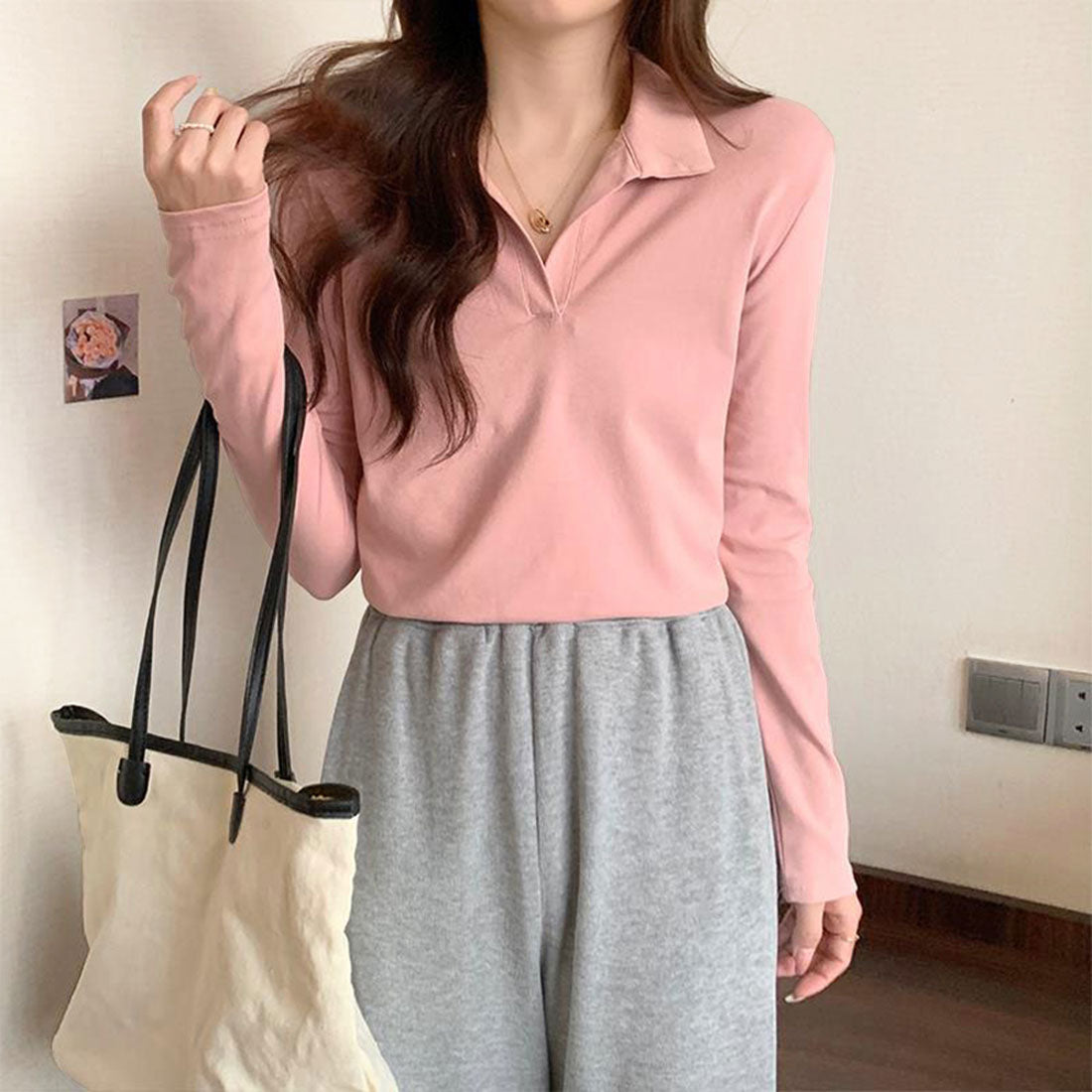 Amulet Collared Cut and Sew Tops for Women, Long Sleeves, Solid Color, Autumn Clothes, Winter Clothes, Teens, 20s, 30s, Korean Fashion, Korean, Office Casual, Skipper Collar, Mix and Match