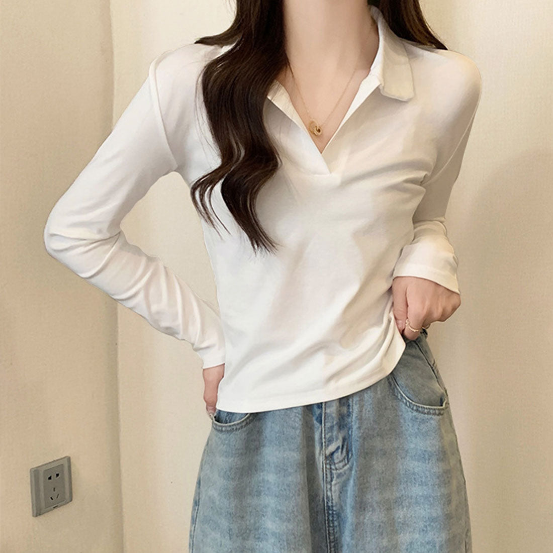 Amulet Collared Cut and Sew Tops for Women, Long Sleeves, Solid Color, Autumn Clothes, Winter Clothes, Teens, 20s, 30s, Korean Fashion, Korean, Office Casual, Skipper Collar, Mix and Match