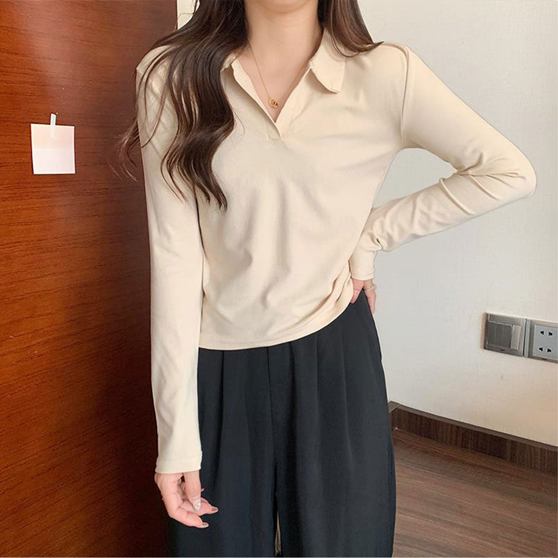 Amulet Collared Cut and Sew Tops for Women, Long Sleeves, Solid Color, Autumn Clothes, Winter Clothes, Teens, 20s, 30s, Korean Fashion, Korean, Office Casual, Skipper Collar, Mix and Match