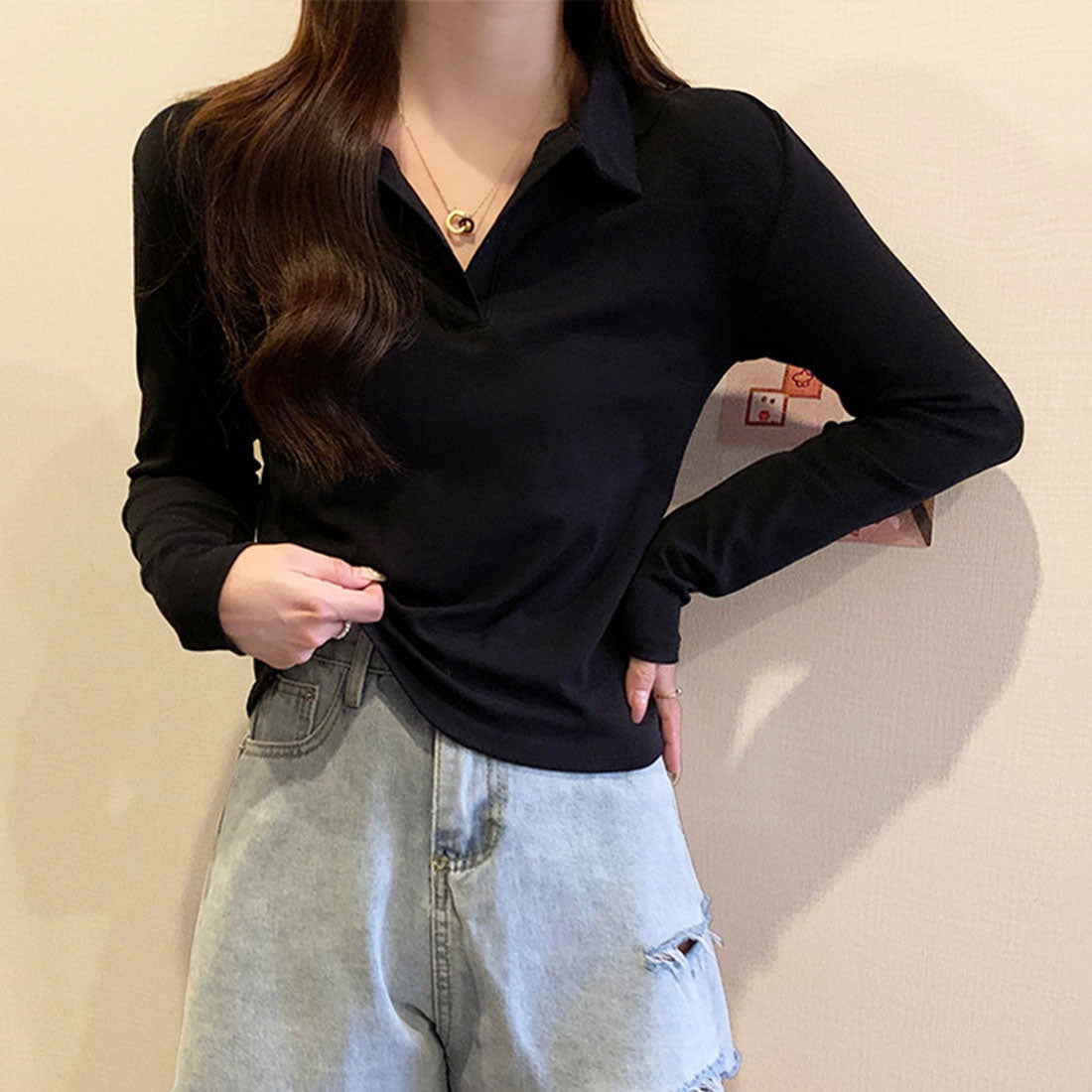 Amulet Collared Cut and Sew Tops for Women, Long Sleeves, Solid Color, Autumn Clothes, Winter Clothes, Teens, 20s, 30s, Korean Fashion, Korean, Office Casual, Skipper Collar, Mix and Match