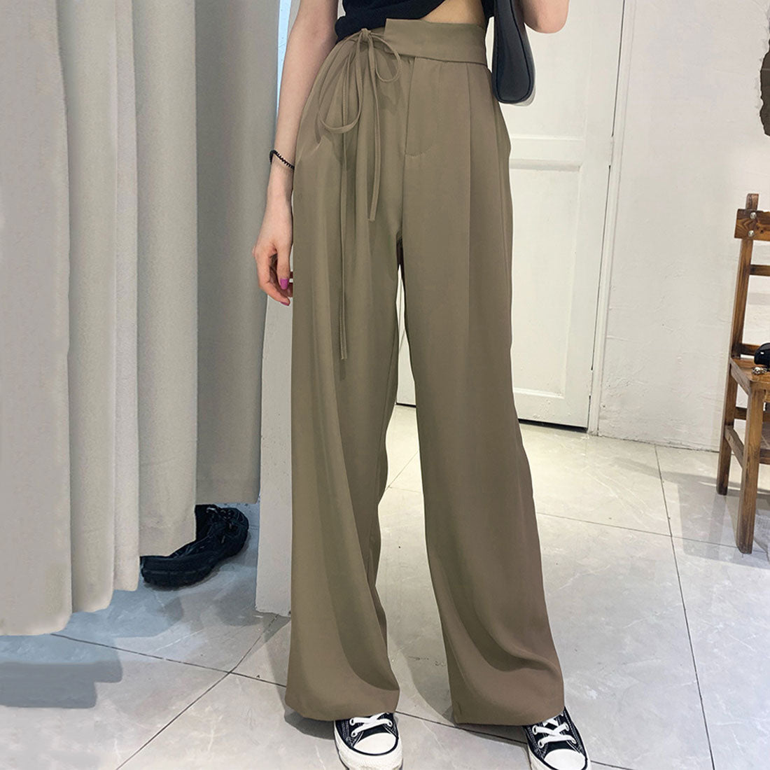 アミュレット Amulet サイドリボンワイドパンツ レディース ボトムス 秋服 春服 無地 フルレングス 10代 20代 30代 韓国ファッション 韓国 大きいサイズ ストリート