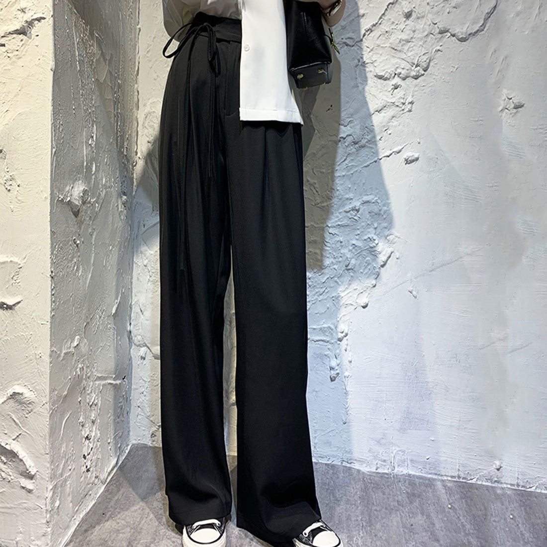 Amulet Side Ribbon Wide Pants Women's Bottoms Autumn Clothes Spring Clothes Plain Full Length Teens 20s 30s Korean Fashion Korea Large Size Streetwear