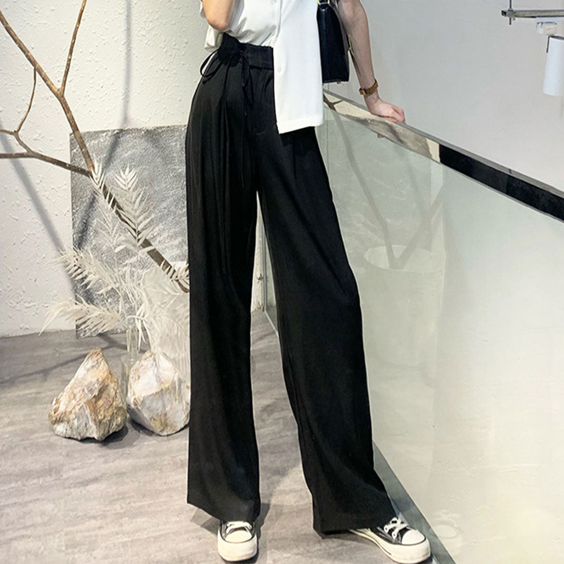 Amulet Side Ribbon Wide Pants Women's Bottoms Autumn Clothes Spring Clothes Plain Full Length Teens 20s 30s Korean Fashion Korea Large Size Streetwear