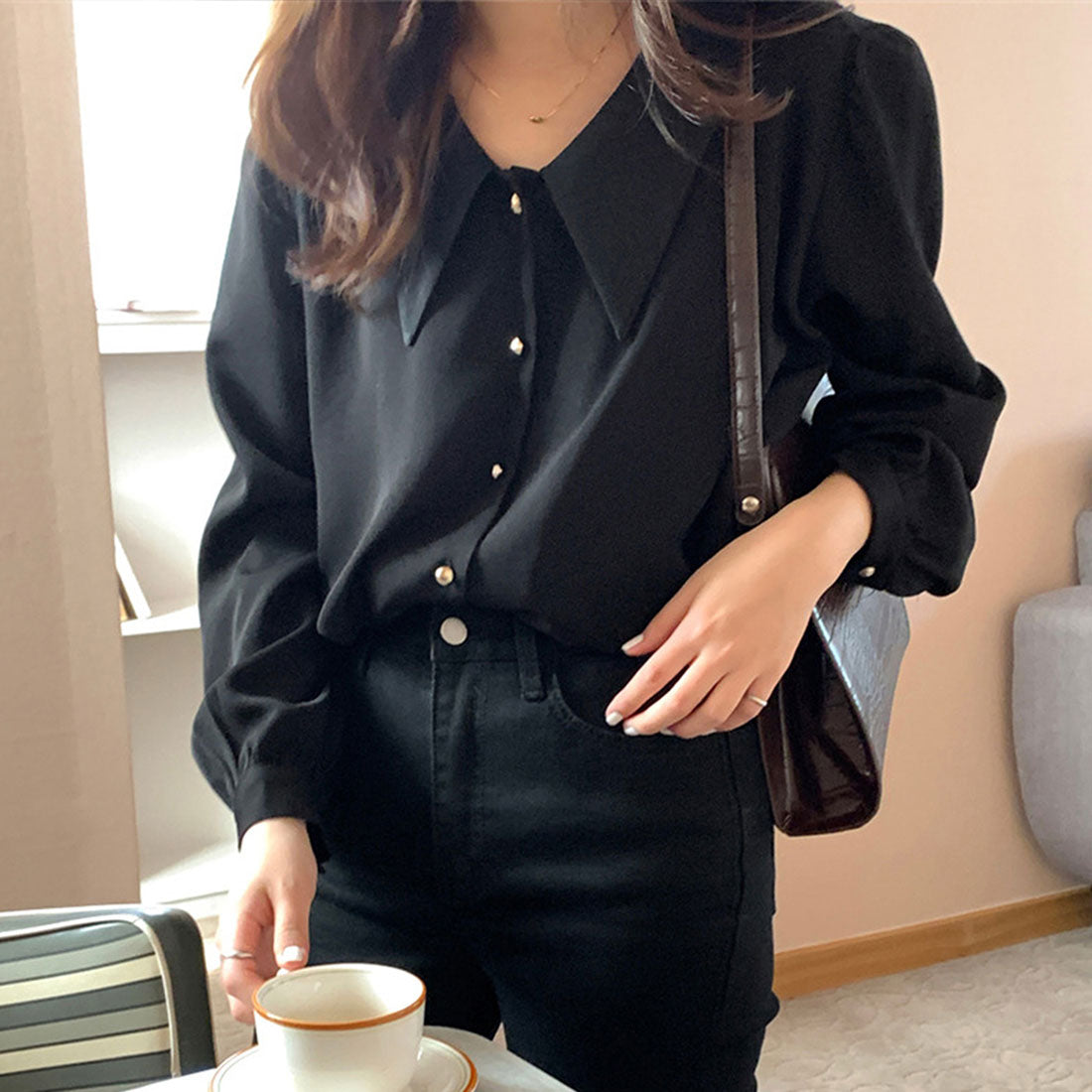 Amulet Big Collar Shirt Blouse Women's Tops Long Sleeves Plain Autumn Clothes Spring Clothes Teens 20s 30s Korean Fashion Korea Office Casual Large Size