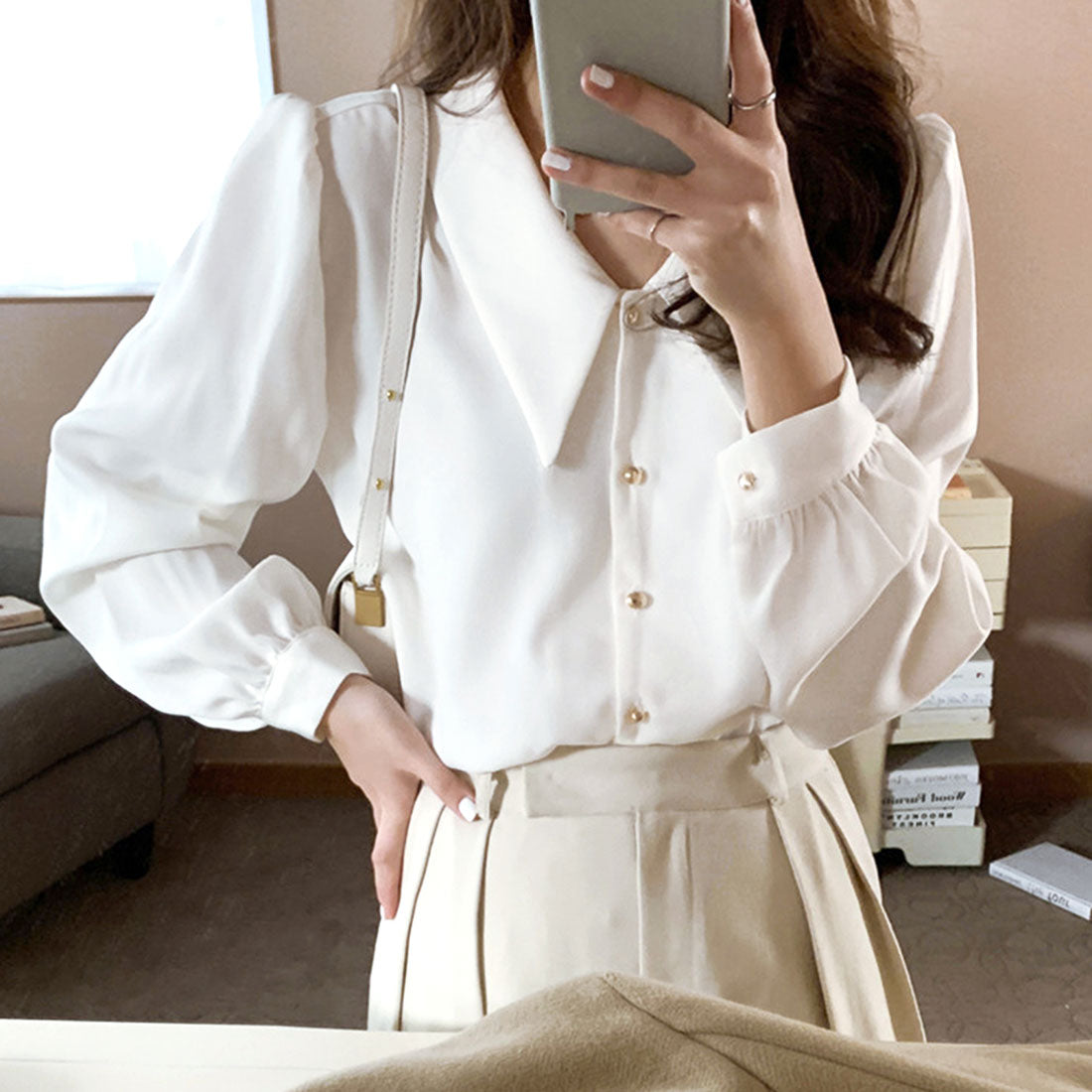 Amulet Big Collar Shirt Blouse Women's Tops Long Sleeves Plain Autumn Clothes Spring Clothes Teens 20s 30s Korean Fashion Korea Office Casual Large Size