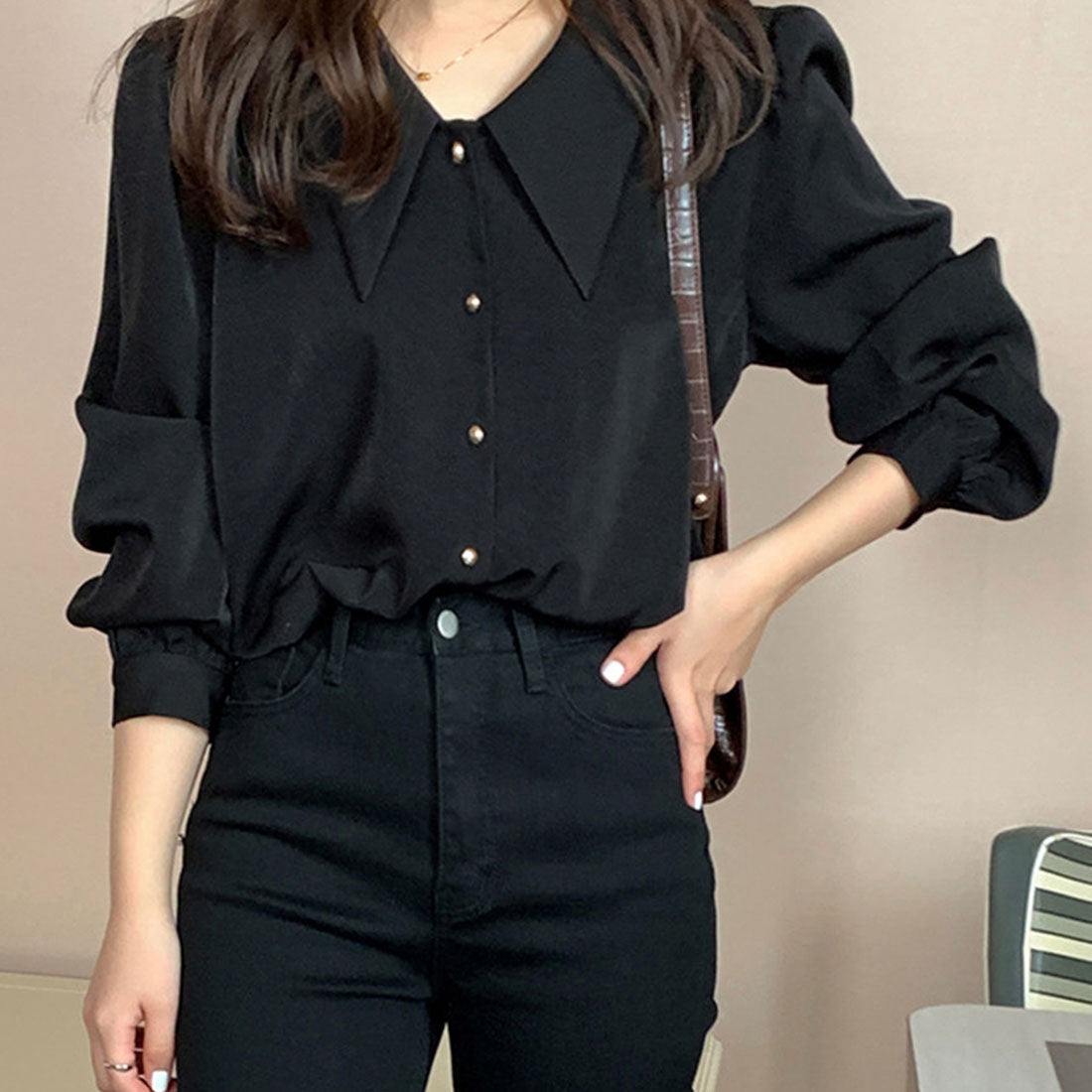 Amulet Big Collar Shirt Blouse Women's Tops Long Sleeves Plain Autumn Clothes Spring Clothes Teens 20s 30s Korean Fashion Korea Office Casual Large Size