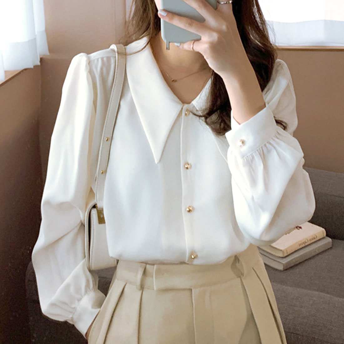 Amulet Big Collar Shirt Blouse Women's Tops Long Sleeves Plain Autumn Clothes Spring Clothes Teens 20s 30s Korean Fashion Korea Office Casual Large Size