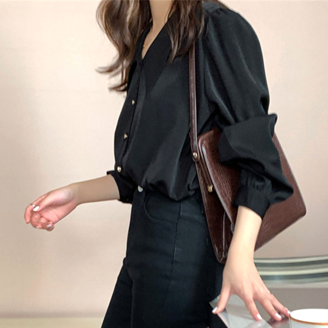 Amulet Big Collar Shirt Blouse Women's Tops Long Sleeves Plain Autumn Clothes Spring Clothes Teens 20s 30s Korean Fashion Korea Office Casual Large Size
